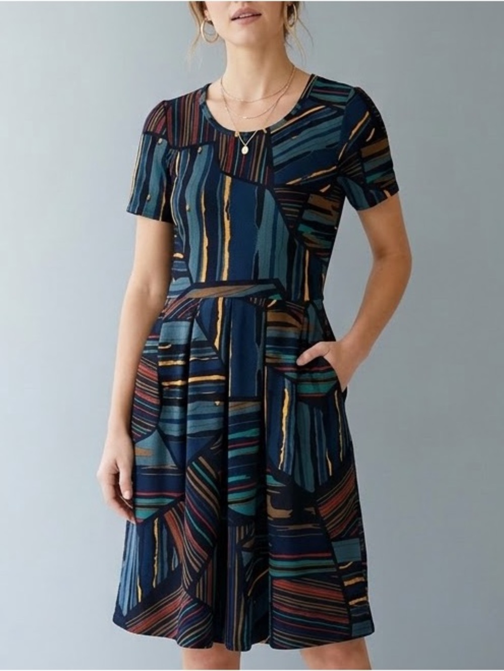 LuLaRoe Amelia Dress M Blue Abstract Geometric Pleated Pocket Mod Art Pop Art